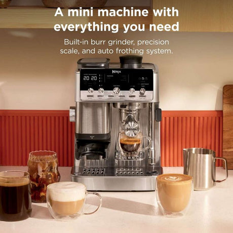 Ninja Luxe Café Mini Plus espresso coffee machine in stainless steel and black with digital display, surrounded by various coffee drinks including espresso, cappuccino, and iced coffee in glass cups and metal pitcher against a warm beige and coral red background