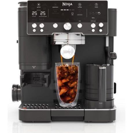 Ninja Luxe Café Premier Series black coffee machine dispensing cold brew into a clear glass cup, featuring digital display, multiple control buttons and knobs, stainless steel accents, and dual water reservoirs on either side