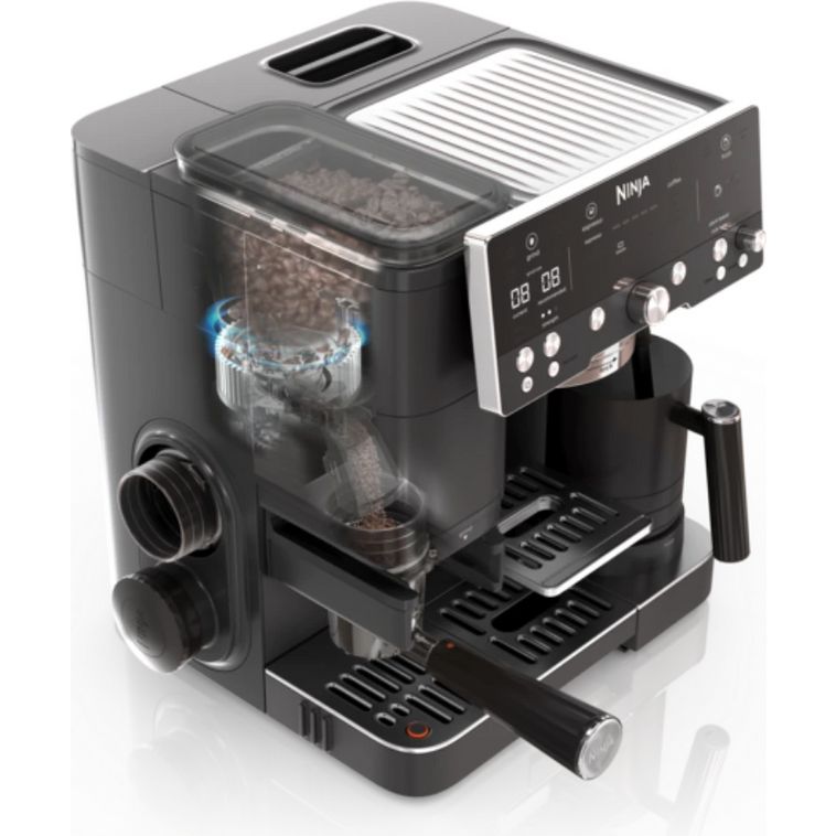 Ninja Luxe Café Premier Series black coffee machine with dual brewing system showing transparent bean hopper, digital display panel, drip tray, and cold brew carafe attachment from front angle view