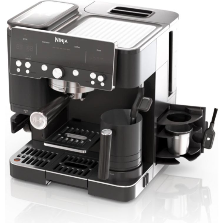 Ninja Luxe Café Premier Series black and white espresso machine with integrated milk frother, featuring digital control panel, drip tray, steam wand, and dual carafe accessories for hot and cold brew coffee