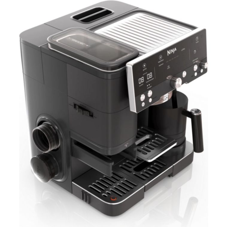 Ninja Luxe Café Premier Series black coffee machine with digital display, featuring a water reservoir, drip tray, and control panel with buttons and dial, shown at an angle against white background