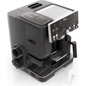 Ninja Luxe Café Premier Series black coffee machine with digital display, featuring a water reservoir, drip tray, and control panel with buttons and dial, shown at an angle against white background