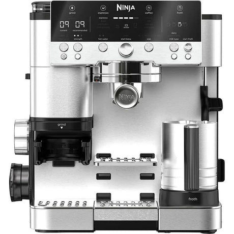 Ninja Luxe Café Premier Series stainless steel and black espresso machine with digital display, grinder, frother attachment and dual water reservoirs shown in front view