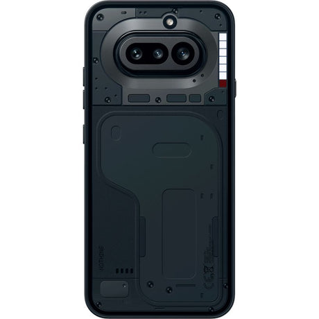 Back view of Nothing Phone 4a showing triple camera setup in oval module, black textured design with mechanical elements, sim-free mobile phone 12GB 256GB model