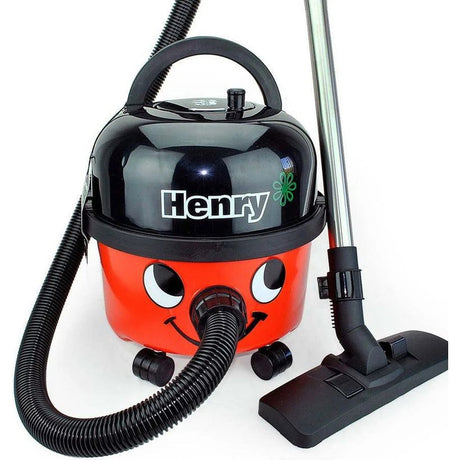 Numatic Henry HVR200 red and black upright vacuum cleaner with smiling face design, flexible hose and floor brush attachment on white background