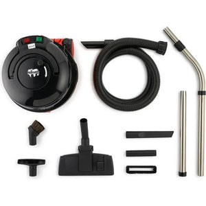 Numatic Henry vacuum cleaner HVR200 with black canister, red handles, and stainless steel accessories including hose, floor brush, crevice tools, and extension tubes displayed on white background