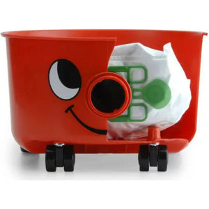Red Numatic Henry vacuum cleaner with smiling face design, featuring large circular eyes and black wheels, shown with white collection bag visible through front panel opening