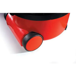 Red and black Numatic Henry cylinder vacuum cleaner with wheels shown from overhead angle on white background