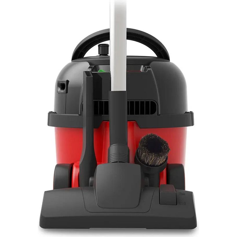 Numatic Henry HVR200 compact wet and dry vacuum cleaner with red and black body, white pole handle, round brush attachment and black base on white background