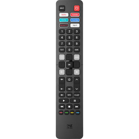 One for All Hisense universal remote control URC4916 with black body, colored quick-access buttons for Netflix and YouTube, numeric keypad 0-9, navigation controls, playback buttons and colored function keys at bottom