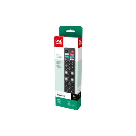 One for All Hisense TV universal remote control in black with numeric keypad and colored function buttons displayed in retail packaging with green and red branding