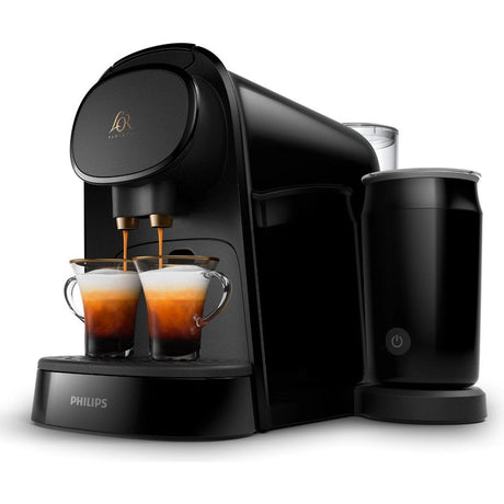 Philips L'OR Barista deep black capsule coffee machine with integrated milk frother, featuring two espresso cups filled with dark coffee, accompanied by black milk frother jug with power button