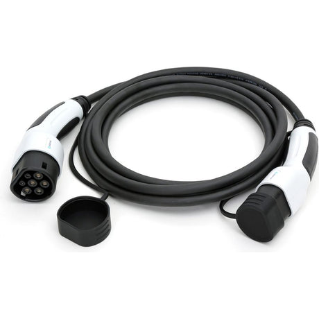 Black and white 11kW Type 2 EV charging cable with 5 metre black rubber cord, white connectors with protective caps, and circular 7-pin charging head for electric vehicles