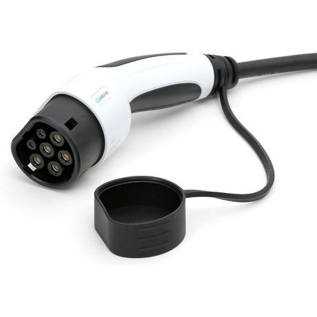 White and black 11kW Type 2 EV charging cable with 5 metre cord and protective dust cap connector displayed against white background