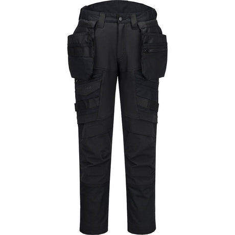 Black Portwest DX4 work trousers with detachable holster pockets, multiple cargo pockets and reinforced panels, displayed on a mannequin