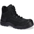 Black steel toe safety boot with nubuck leather upper, BOA lacing system, and protective toecap, featuring slip-resistant sole and ankle support