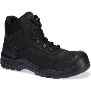 Black steel toe safety boot with nubuck leather upper, BOA lacing system, and protective toecap, featuring slip-resistant sole and ankle support
