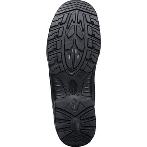 Bottom view of a black Portwest steel nubuck ankle safety boot showing the sole tread pattern with protective grip zones and safety certifications S3 HRO SR FO SC