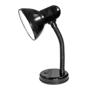 Black flexible desk lamp with adjustable gooseneck arm, conical shade and circular base by Powermaster