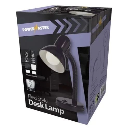 Powermaster Flexi Style Desk Lamp in black with white diffuser shown in retail packaging, featuring adjustable neck and base stand
