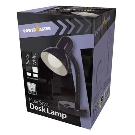 Powermaster Flexi Style Desk Lamp in black with white diffuser shown in retail packaging, featuring adjustable neck and base stand