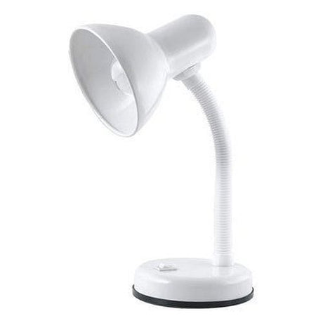 White flexible desk lamp with adjustable gooseneck arm, conical shade, and suction cup base on white background