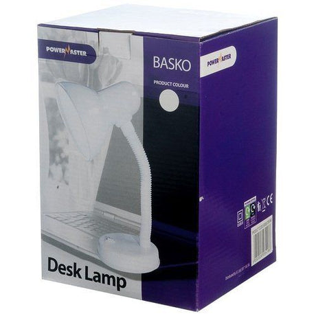 Powermaster Flexi Desk Lamp in white color shown in purple retail packaging with product display window