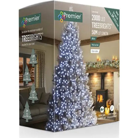 Premier 2000 LED Multi Action Treebrights white fairy lights with timer in retail packaging showing illuminated silver Christmas tree display