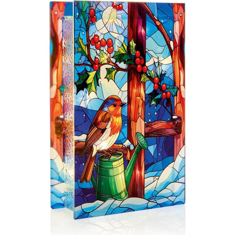 Premier 21cm x 13cm Battery Operated Robin Stained Glass LED Table Top | LB263049