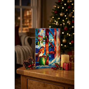 Premier 21cm x 13cm Battery Operated Robin Stained Glass LED Table Top | LB263049