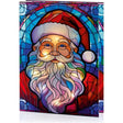 Stained glass style LED table top decoration featuring Santa Claus face with red hat, white beard, and glasses against blue background with colorful mosaic tile pattern design, battery operated festive Christmas ornament