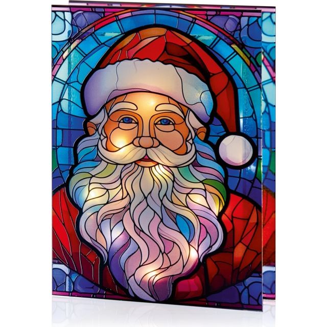 Stained glass style LED table top decoration featuring Santa Claus face with red hat, white beard, and glasses against blue background with colorful mosaic tile pattern design, battery operated festive Christmas ornament