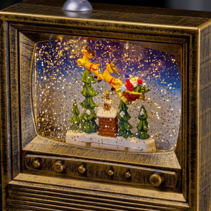Premier 22cm Battery Operated Antique Gold TV Santa on Sleigh Water Spinner | LB251031