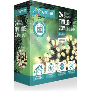 Premier 24 battery operated LED timelights with warm white lights on green cable, 2.3m length, featuring 6hr on timer, 8 functions with memory and multi-action static effects, shown in product packaging with tropical palm leaf design