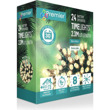 Premier 24 battery operated LED timelights with warm white lights on green cable, 2.3m length, featuring 6hr on timer, 8 functions with memory and multi-action static effects, shown in product packaging with tropical palm leaf design