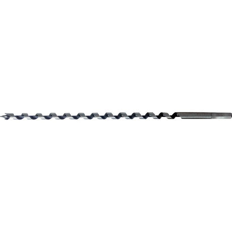 Rawlplug 12mm x 400mm auger wood drill bit with black metal twisted flutes and cylindrical shank on white background