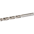Silver metallic HSS steel twist drill bit 10mm diameter by 133mm length with ground flutes and cylindrical shank against white background