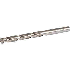 Silver metallic HSS steel twist drill bit 10mm diameter by 133mm length with ground flutes and cylindrical shank against white background