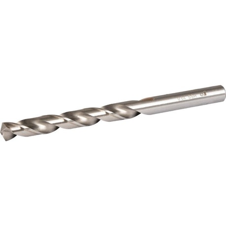 Silver metallic HSS steel twist drill bit 10mm diameter by 133mm length with ground flutes and cylindrical shank against white background