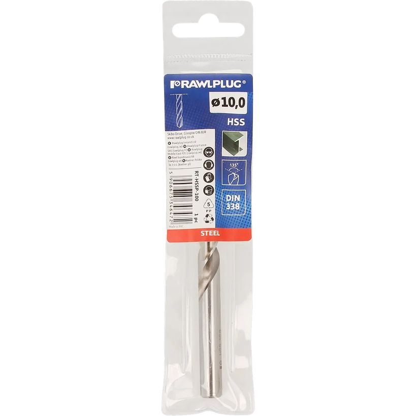 Rawlplug HSS steel drill bit 10mm diameter in clear plastic packaging with blue and red branding label