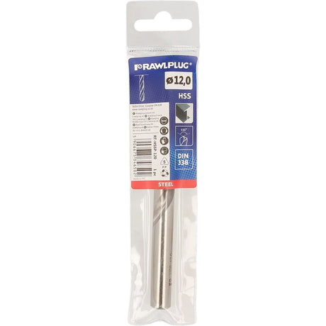 Rawlplug HSS steel drill bit 12mm diameter in clear plastic blister packaging with blue and red labeling showing DIN 338 standard specification