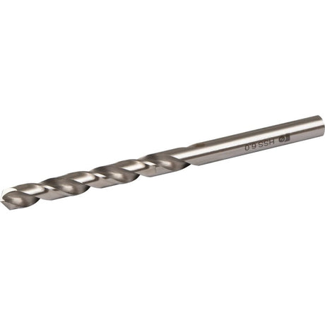 Ground HSS steel twist drill bit 6mm diameter 93mm length with spiral flutes and engraved markings on cylindrical shank