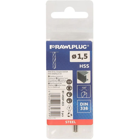 Rawlplug HSS steel drill bit 1.5mm diameter in packaging showing product details, specifications and DIN 338 standard on blue and white label with red steel indicator band