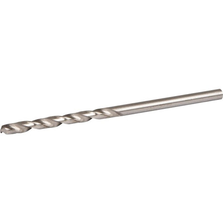Ground HSS steel twist drill bit 2.5mm diameter 57mm length metallic silver finish with helical flutes on white background