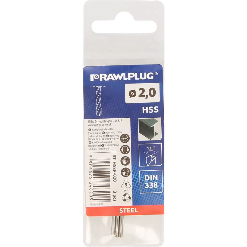 Rawlplug HSS steel drill bit 2.0mm diameter in blue and white packaging with 3 pack contents visible through clear plastic window