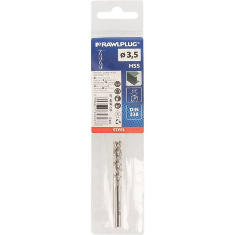 Rawlplug HSS steel drill bit 3.5mm diameter in clear plastic packaging with blue and orange branding, showing the spiral fluted metal drill bit visible through transparent blister pack