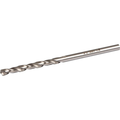 Rawlplug ground HSS steel drill bit 3mm x 61mm showing twisted flutes and cylindrical shank with product markings on polished metal surface