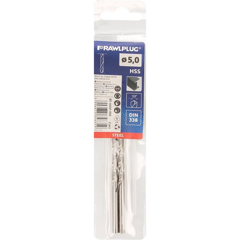 Rawlplug Ground HSS Steel Drill Bit 5mm x 86mm 2 Pack | HSSP-050