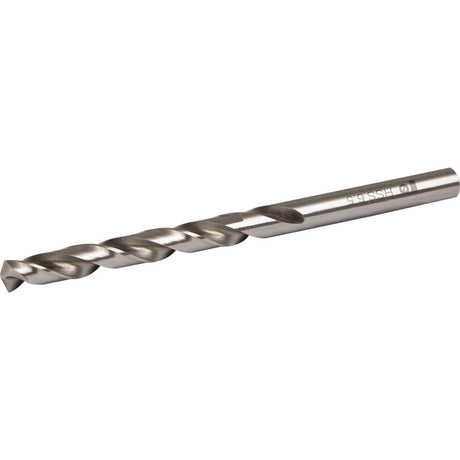 Rawlplug ground HSS steel drill bit 6.5mm x 101mm with spiral flutes and pointed tip on white background
