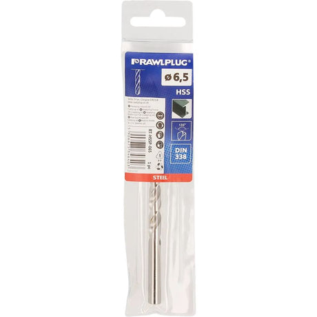 Rawlplug HSS steel drill bit 6.5mm diameter in clear plastic packaging with blue and orange branding label showing DIN 338 specification and 135 degree angle marking